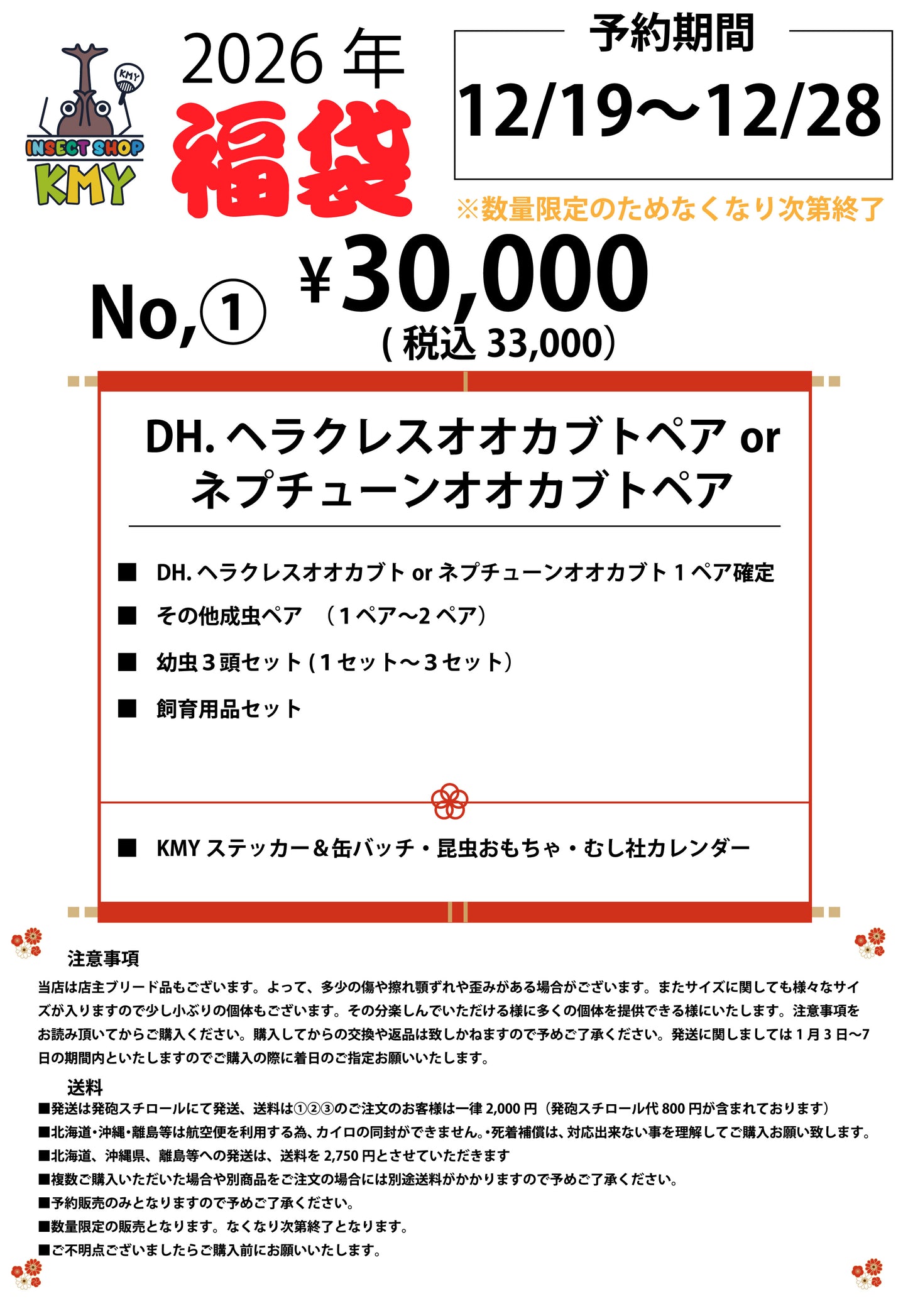 No,1【DH.ヘラクレスオオカブトペアorネプチューンオオカブトペア30,000円(税込33,000）】新春福袋2026